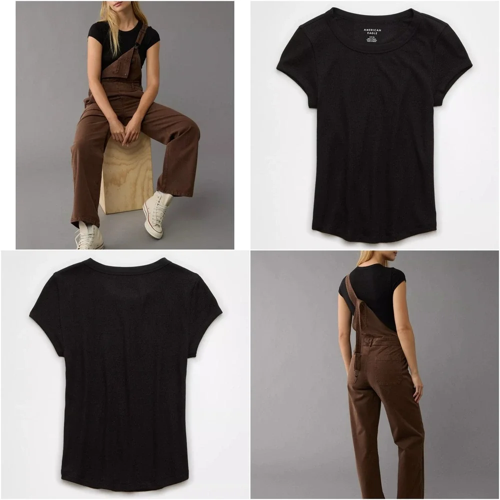 American Eagle AE Waffle T-Shirt Layering Tee M Black Stretch Base Layer 90s Y2K - Picture 3 of 16